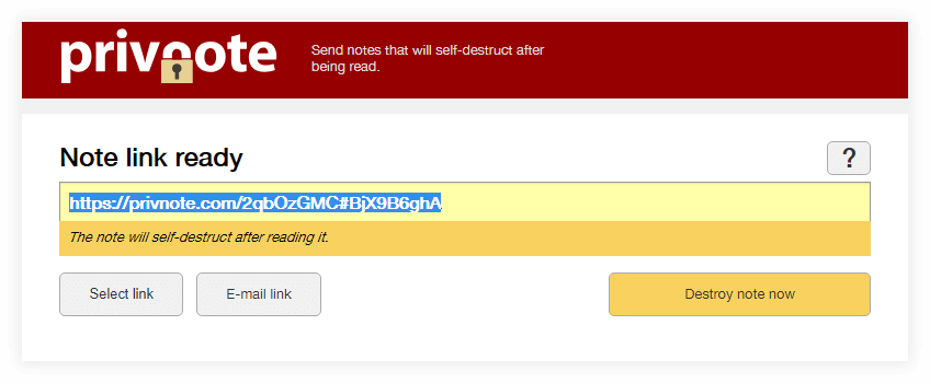 Secret link created by privnote, ready to copy and paste
