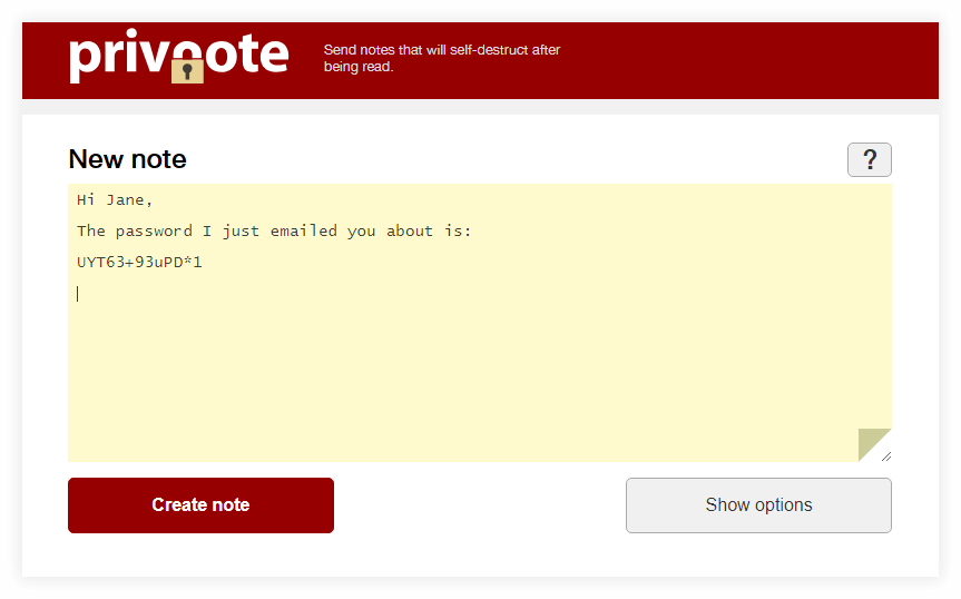Secret note with password written in privnote