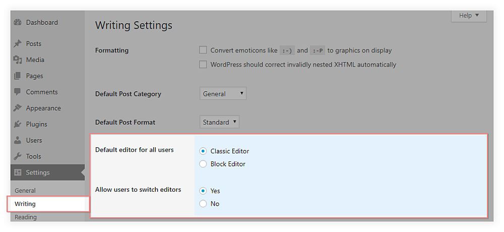 WordPress' writing settings with the classic editor plugin installed