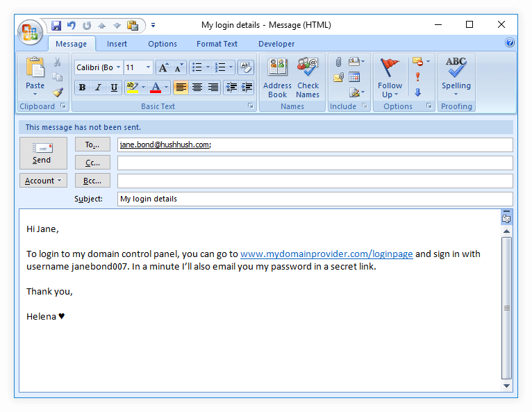 Email 1 - with login page and username only - the password is left out Email message with login details, but without password.